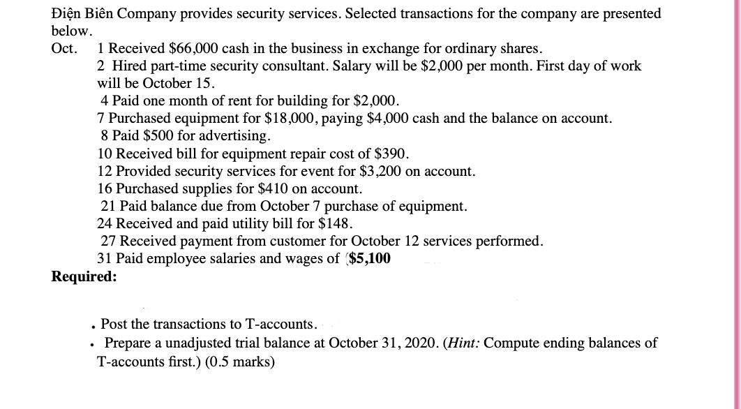 in Bin Company provides security services. Selected transactions for the company