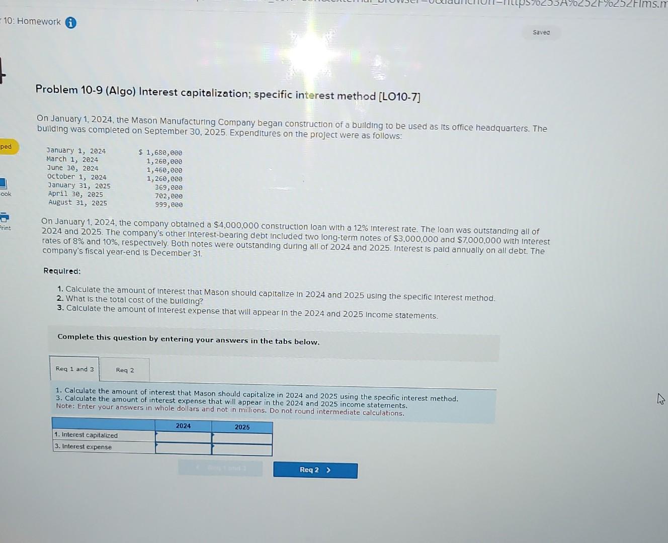  Problem 10-9 (Algo) Interest capitalization; specific interest method [LO10-7] On January