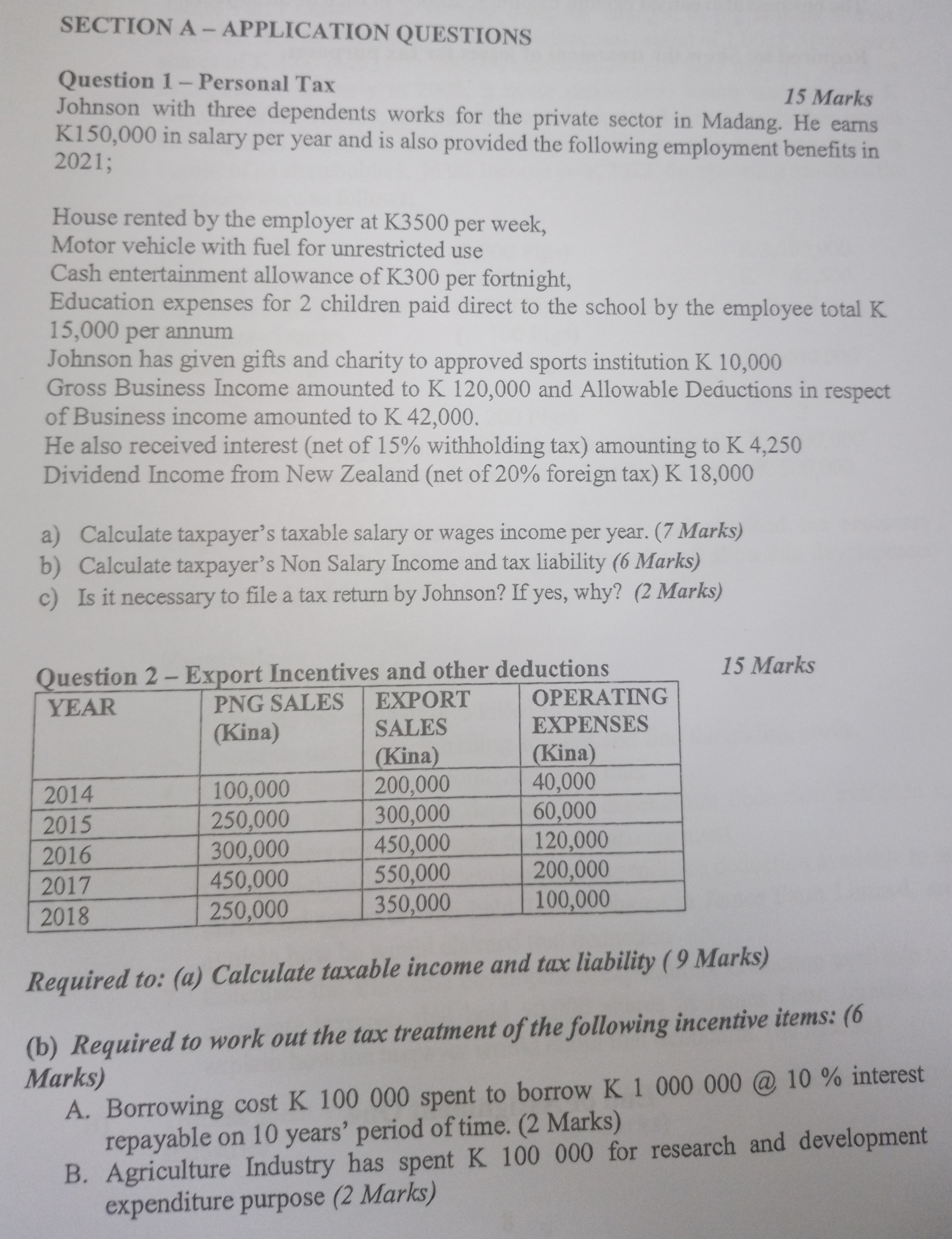  SECTION A - APPLICATION QUESTIONS Question 1 - Personal Tax 15