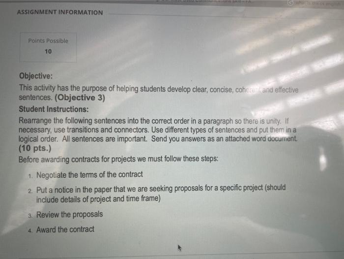  ASSIGNMENT INFORMATION Points Possible 10 Objective: This activity has the purpose
