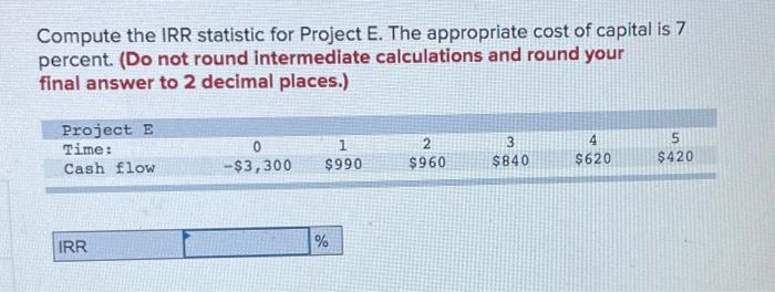  Compute the IRR statistic for Project E. The appropriate cost of