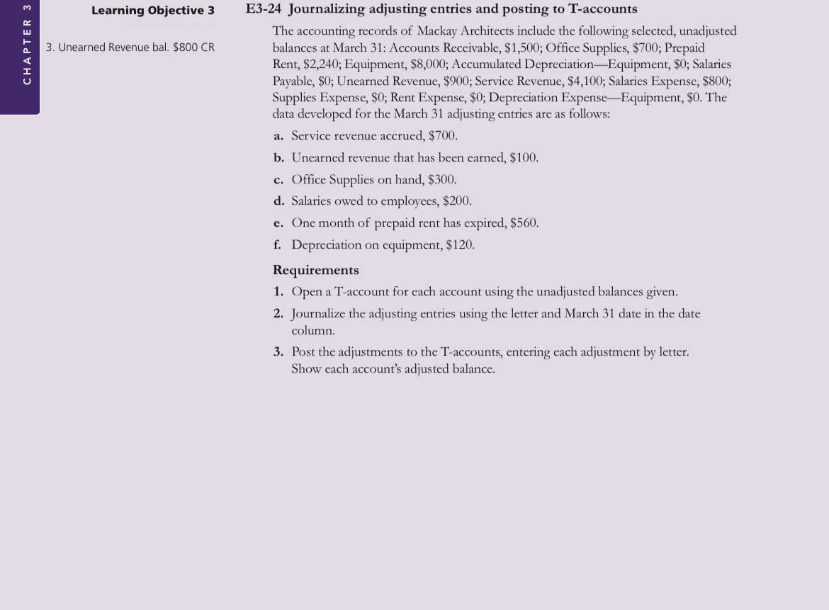  Learning Objective 3, E3-24 Journalizing adjusting entries and posting to T-accounts