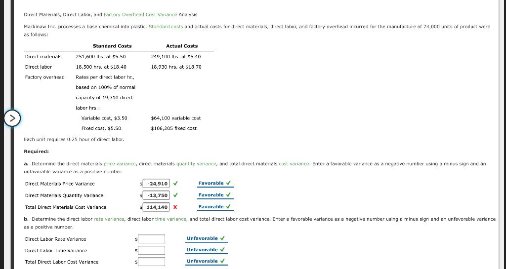 Direct Materials, Direct Labor, and Factory Overhead Cost Variance Analysis Mackinaw Inc.