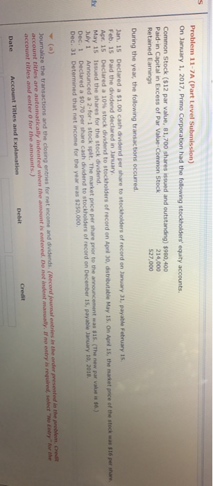  Problem 11-7A (Part Level Submission) On January 1, 2017, Primo Corporation