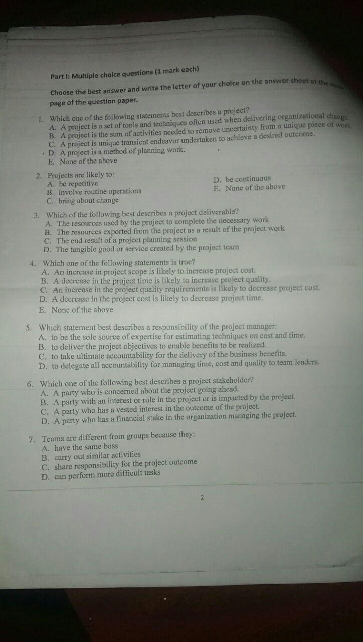  Part 1: Multiple choice questions (1 mark each) Choose the best