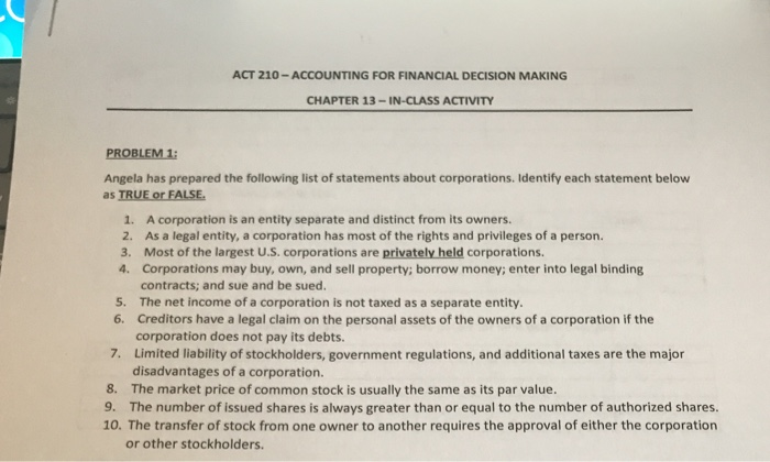  ACT 210 - ACCOUNTING FOR FINANCIAL DECISION MAKING CHAPTER 13-IN-CLASS ACTIVITY