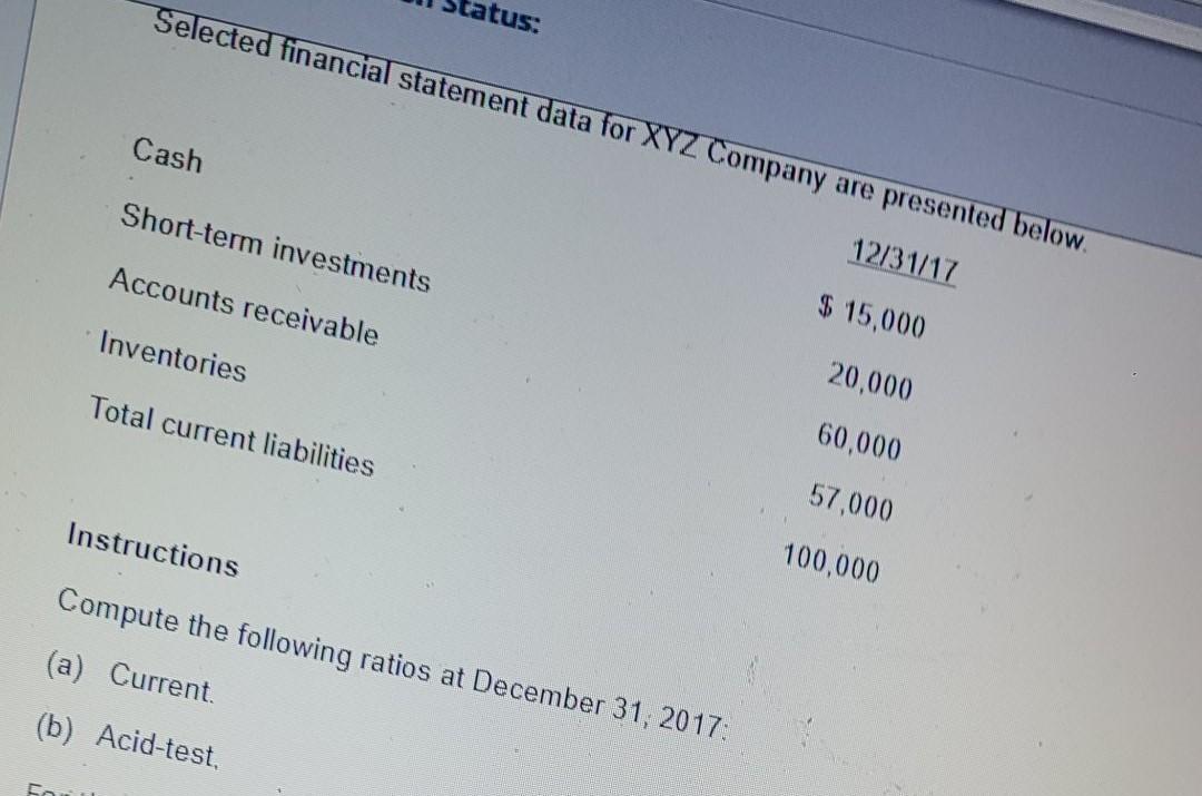  Selected financial statement data for XYZ Company are presented below. tatus: