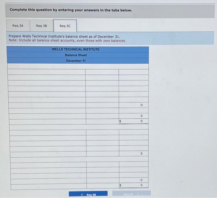 year. 3-c. Prepare Wells Technical Institute's balance sheet as of December 31.