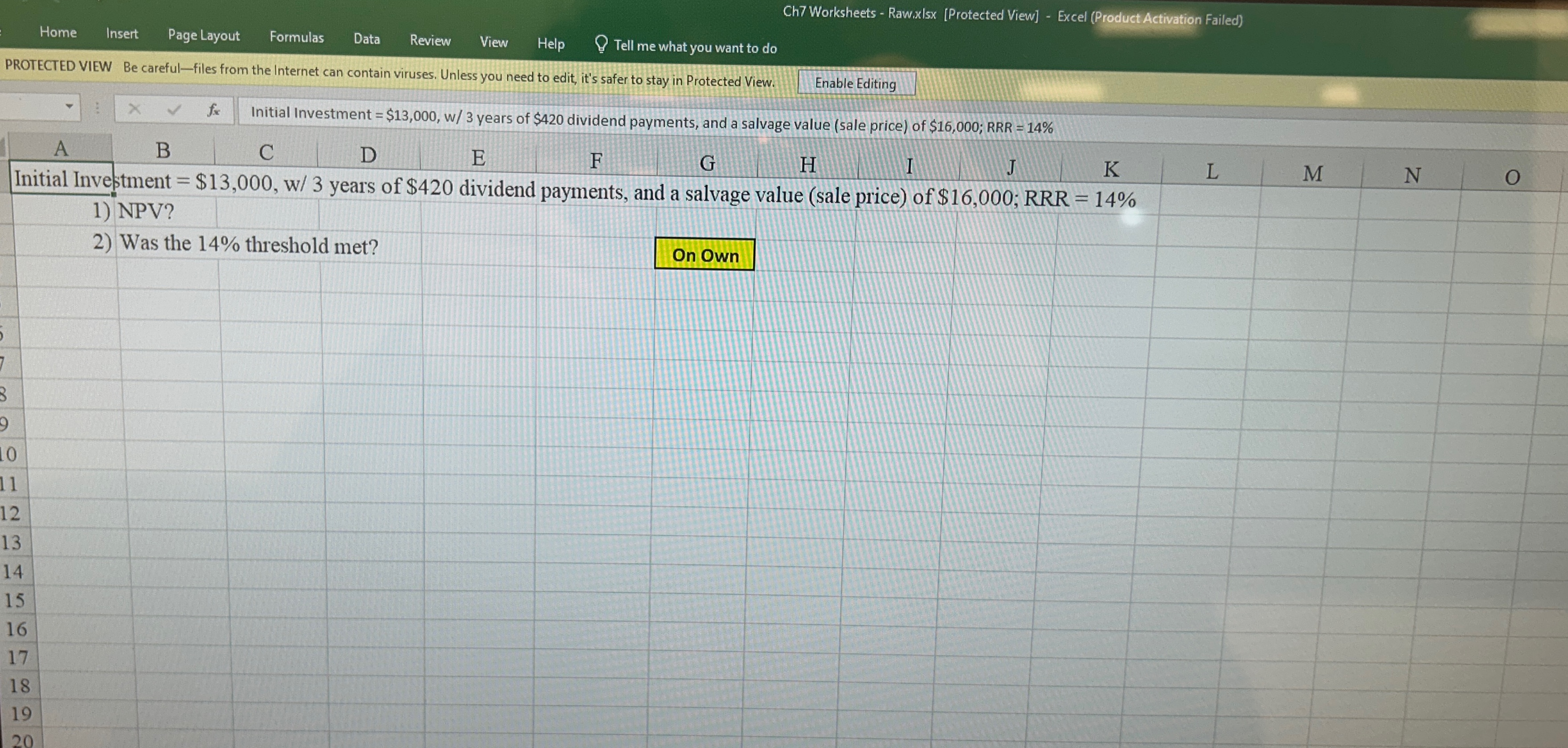  Ch7 Worksheets - Raw.xlsx [Protected View]- Excel (Product Activation Failed) PROTECTED