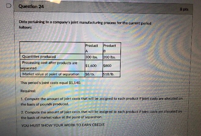  DQuestion 24 8 pts Data pertaining to a company's joint manufacturing