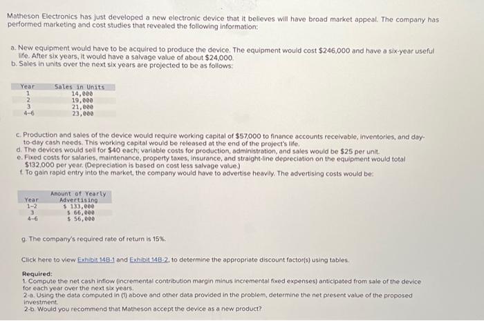 Please help, thank you! Matheson Electronics has just developed a new