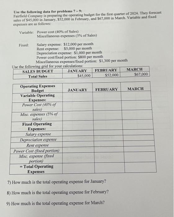  Use the following data for problems 7 - 9: Fairfield Company