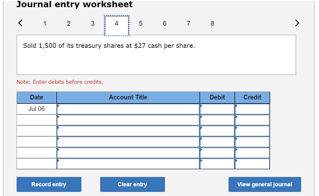 the following transactions affected its stockholders' equity accounts. Jan. 1 Purchased 4,000