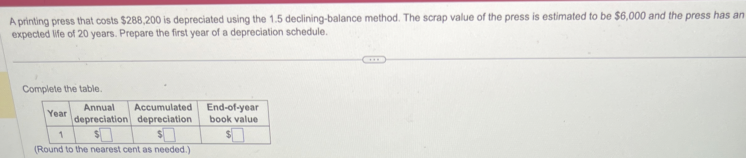  A printing press that costs $288,200 is depreciated using the 1.5