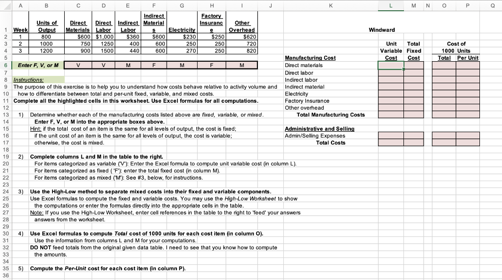  2) Complete columns L and M in the table to the