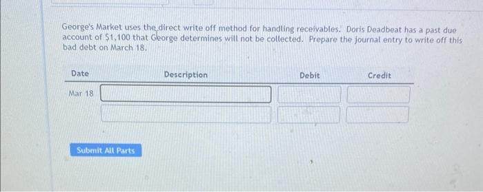  George's Market uses the direct write off method for handling receivables.