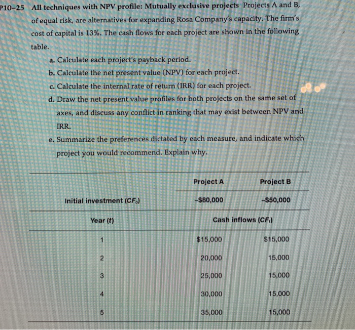  P10-25 All techniques with NPV profile: Mutually exclusive projects Projects A