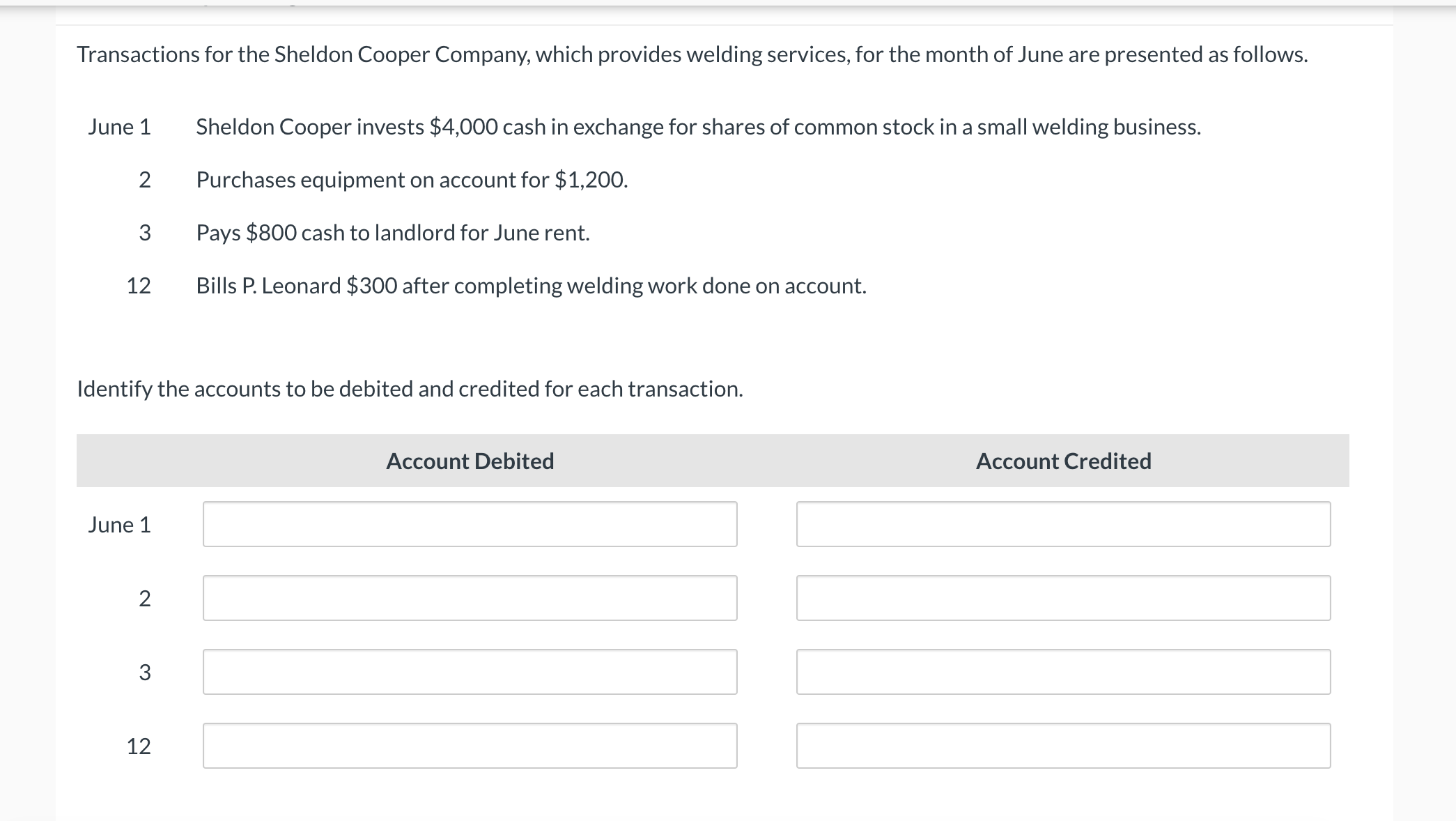 Please help Transactions for the Sheldon Cooper Company, which provides welding services,