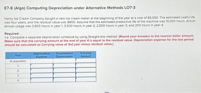  E7-8 (Algo) Computing Depreciation under Alternative Methods LO7-3 Homy Ice Cream