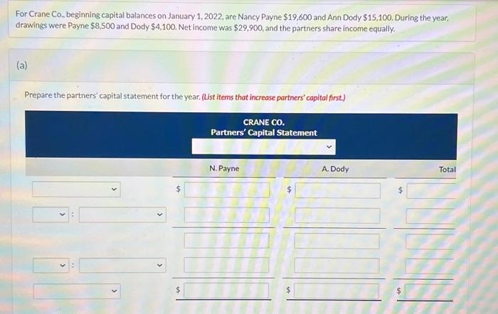  a.b - please help For Crane Co., beginning capital balances on