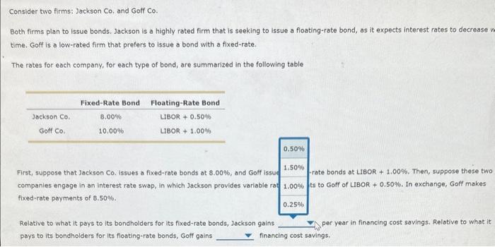 firms: Jaekson Co, and Goff Co. Both firms plan to issue bonds.