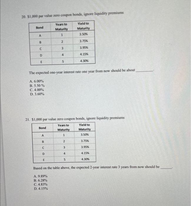 please ans both 20. $1,000 par value zero coupon bonds, ignore liquidity