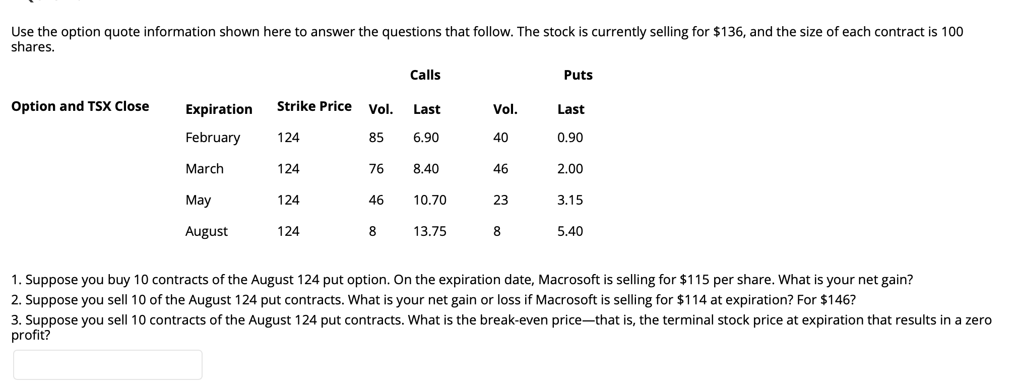  Use the option quote information shown here to answer the questions