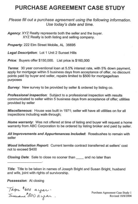 HELP PLEASE! PURCHASE AGREEMENT CASE STUDY Please fill out a purchase agreement