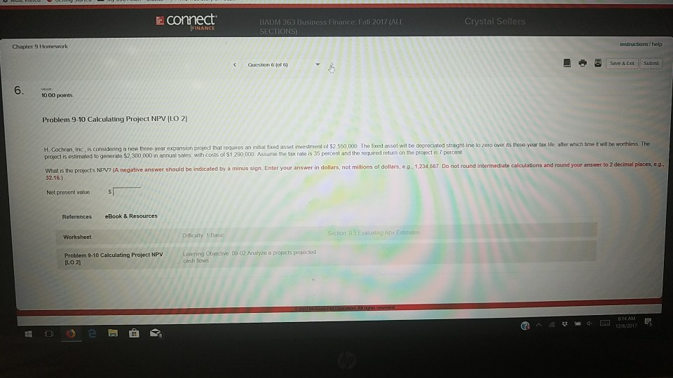 DM 363 Bu SECTIONS instructions help Chapter 9 Homework Quesnon 6(0[
