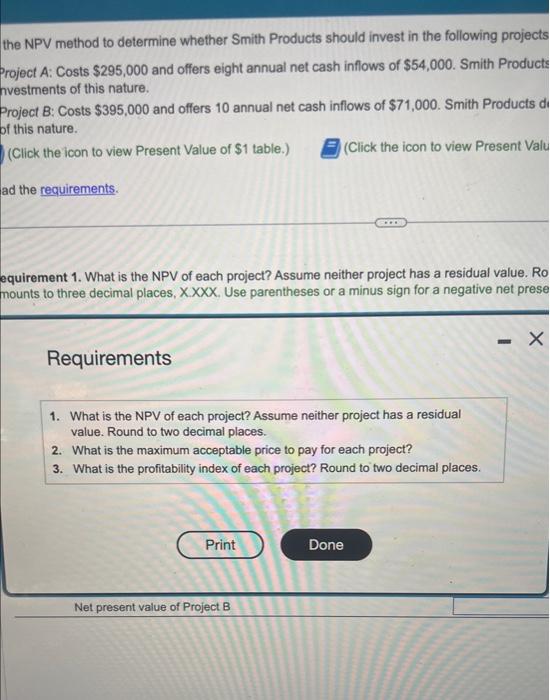 method to determine whether Smith Products should invest in the following projects: