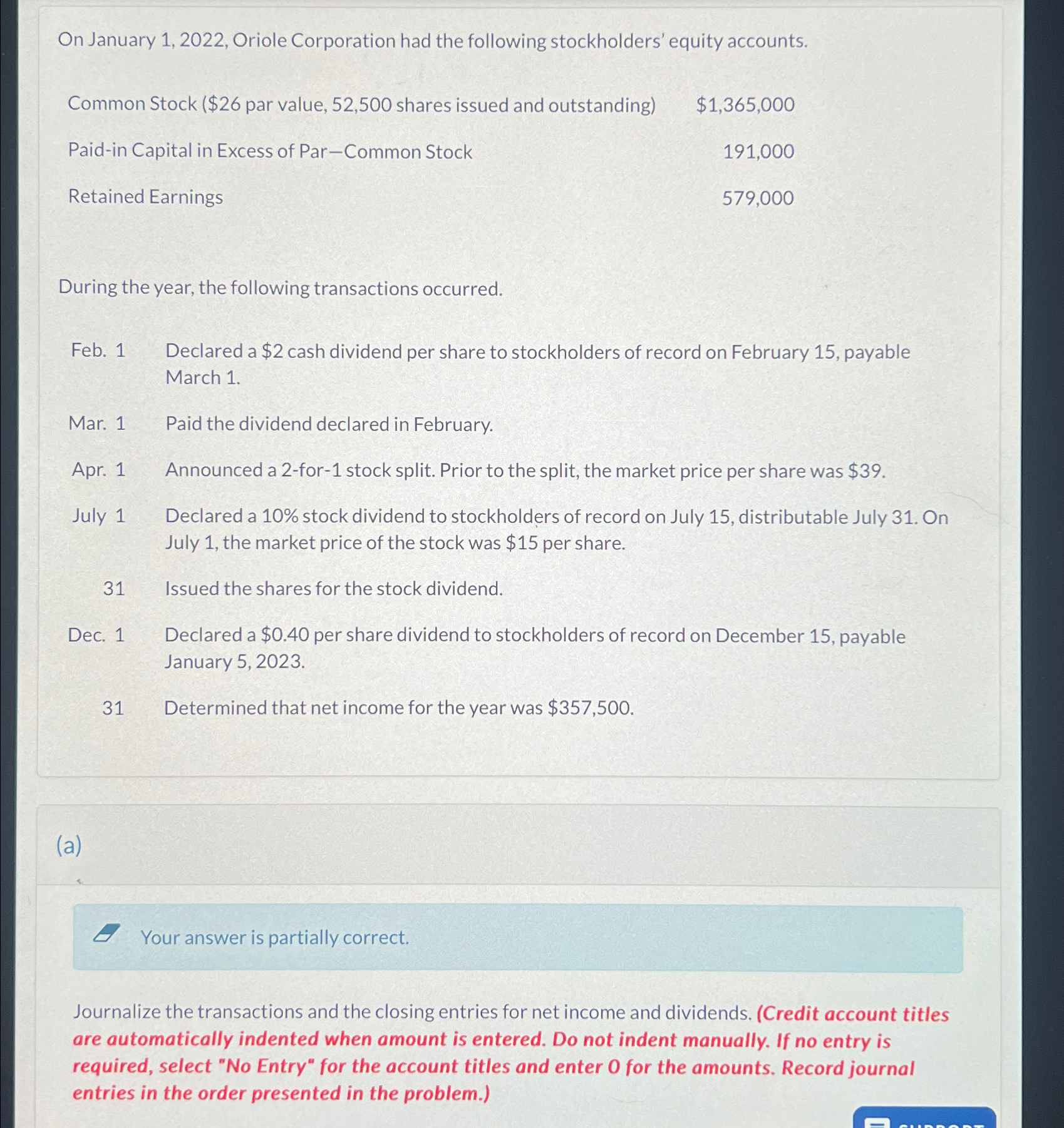  On January 1,2022, Oriole Corporation had the following stockholders' equity accounts.