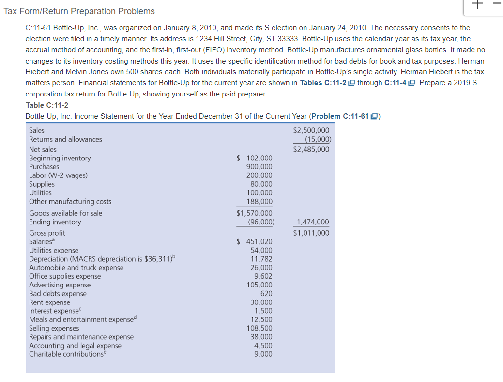 Using Problem 11- 61 (re: Bottle-Up Inc.) from the course textbook, prepare