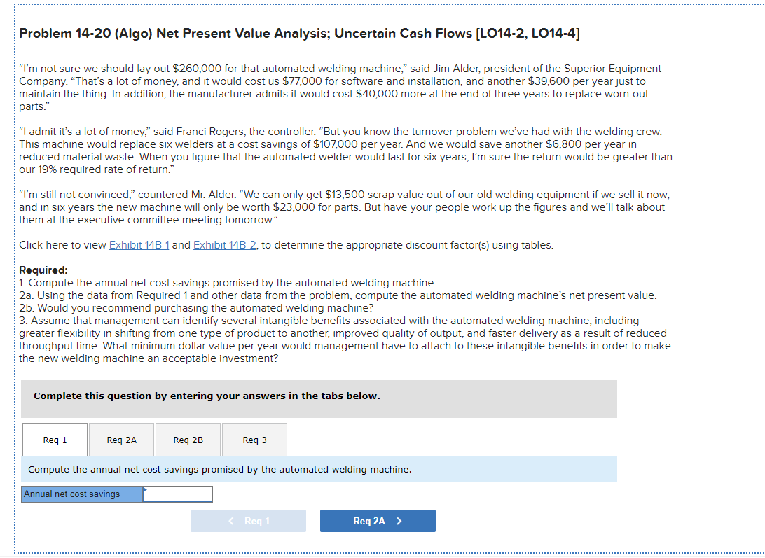  Problem 14-20 (Algo) Net Present Value Analysis; Uncertain Cash Flows [LO14-2,