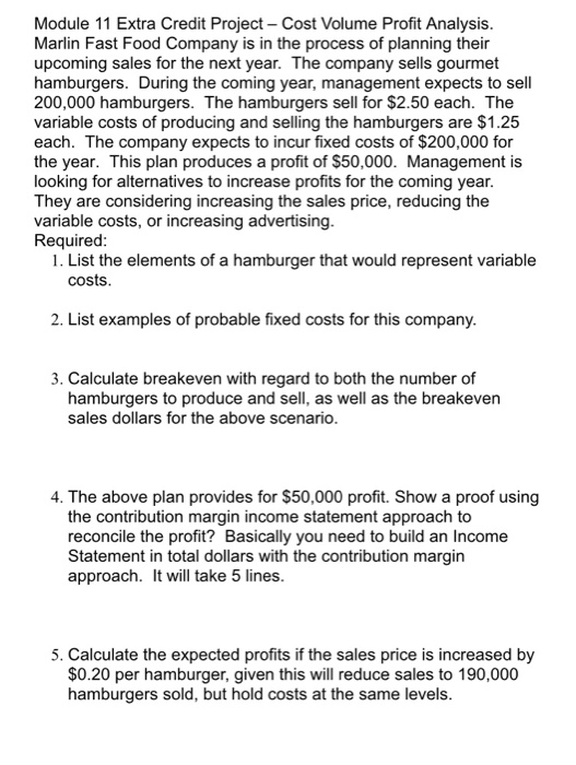  Module 11 Extra Credit Project Cost Volume Profit Analysis. Marlin Fast