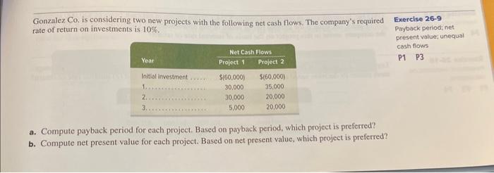  Gonzalez Co. is considering two new projects with the following net