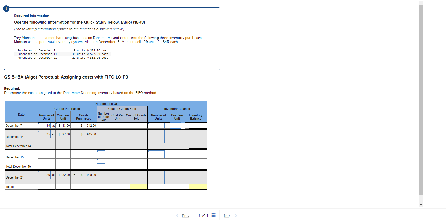  Required information Use the following information for the Quick Study below.