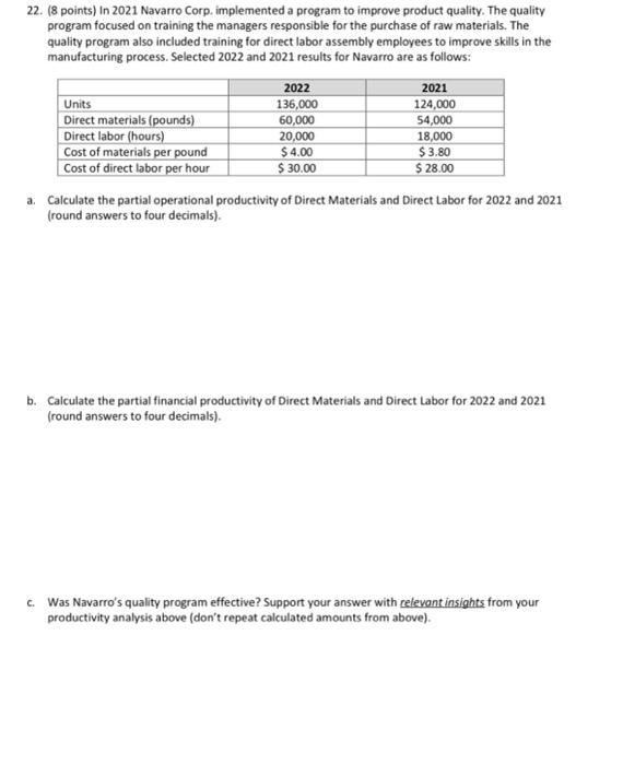  22. ( 8 points) In 2021 Navarro Corp. implemented a program