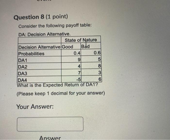  Question 8 (1 point) Consider the following payoff table: DA: Decision