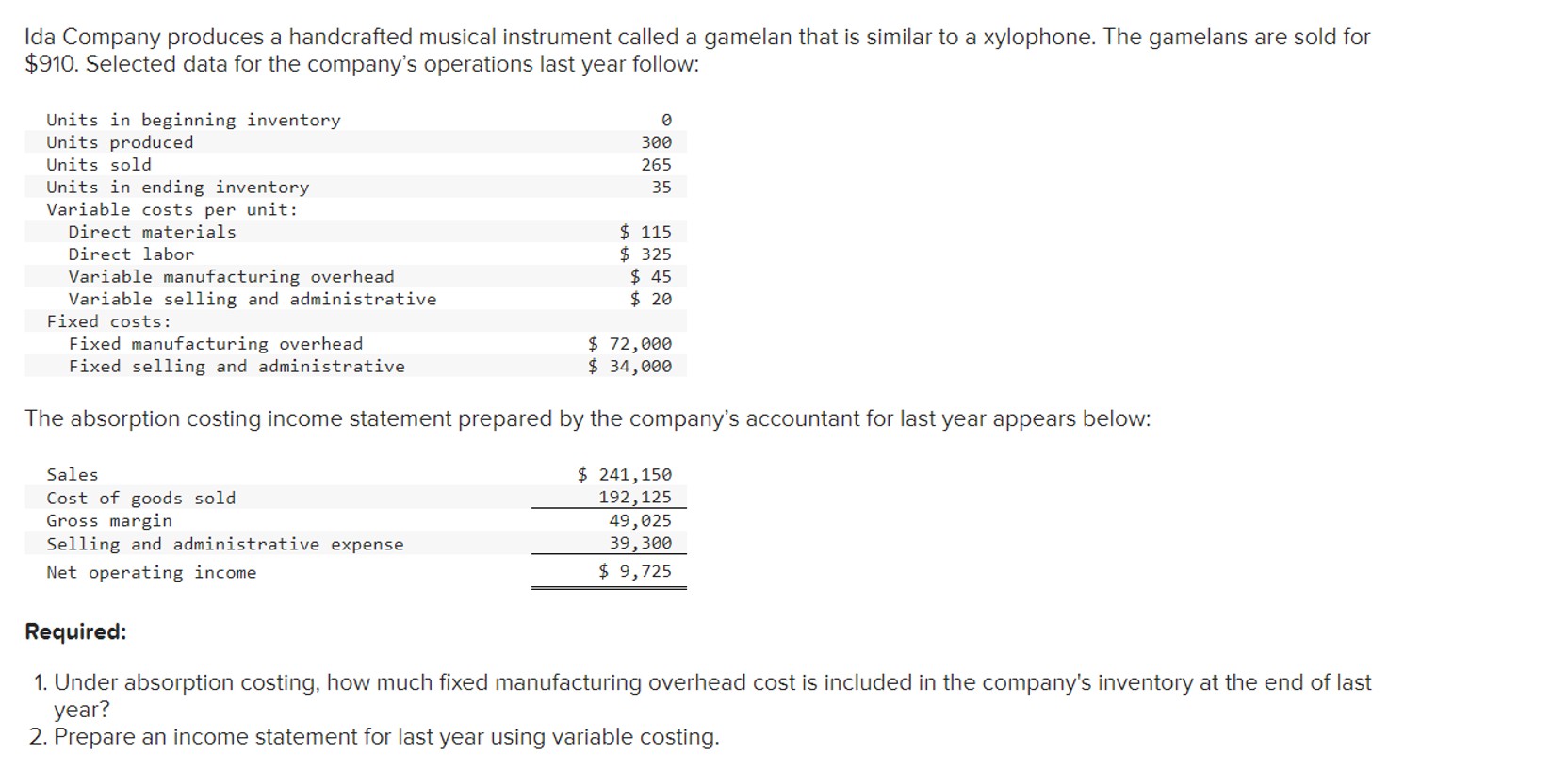  Required: Under absorption costing, how much fixed manufacturing overhead cost is