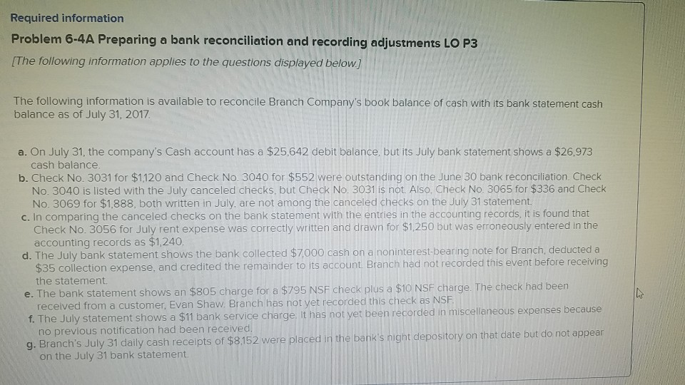 Required information Problem 6-4A Preparing a bank reconciliation and recording adjustments