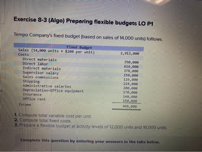  ASAP please Exercise 8-3 (Algo) Preparing flexible budgets LO P1 Tempo