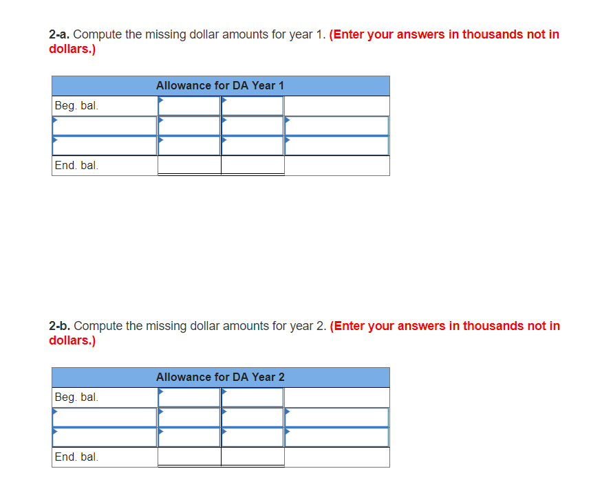 2-a. Compute the missing dollar amounts for year 1. (Enter your