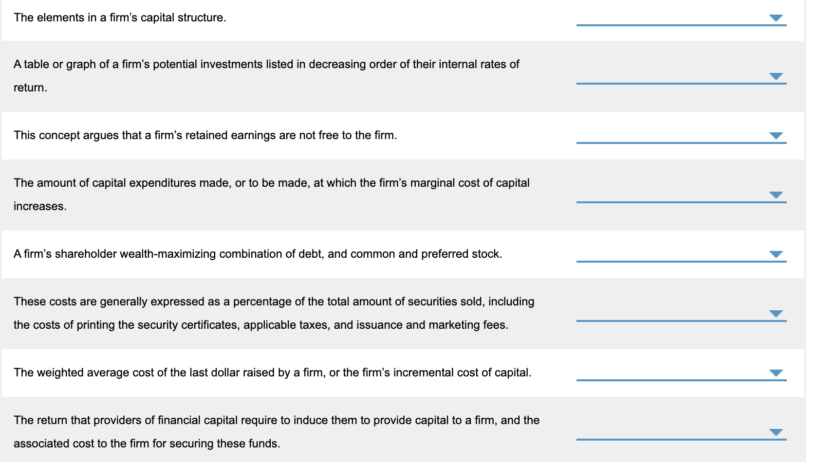 The elements in a firm's capital structure. A table or graph