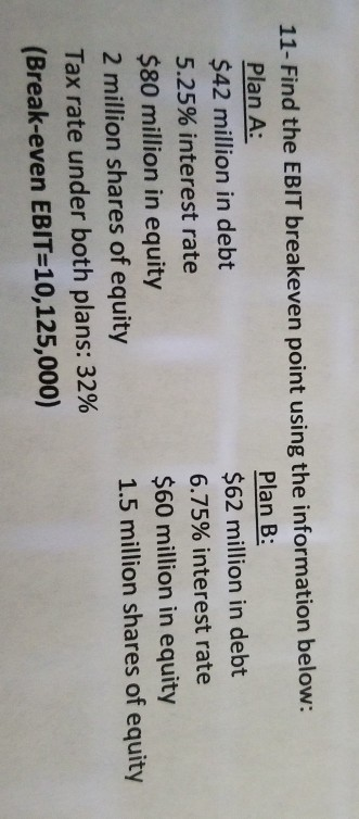  11- Find the EBIT breakeven point using the information below: Plan
