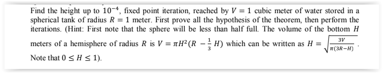 Find the height up to , fixed point iteration, reached by cubic