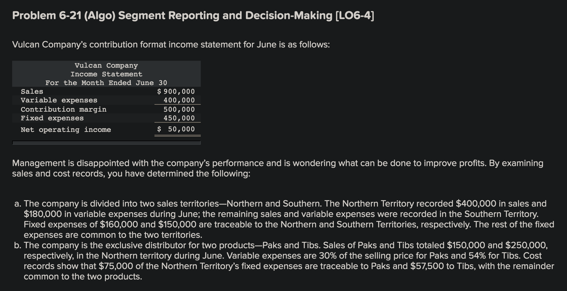  Problem 6-21 (Algo) Segment Reporting and Decision-Making (LO6-4] Vulcan Company's contribution