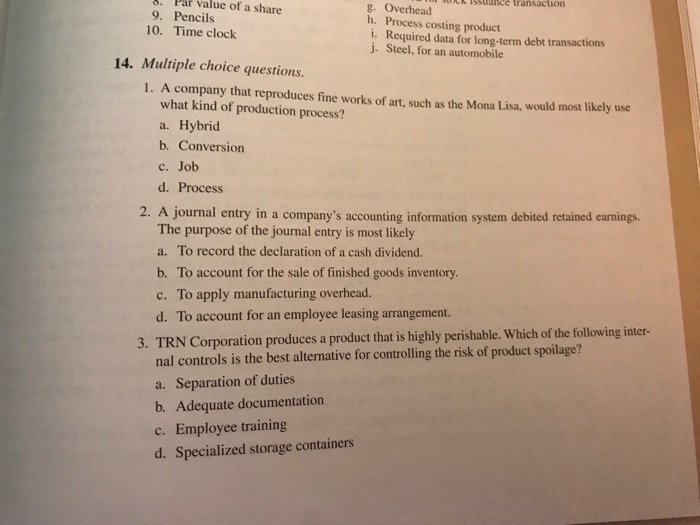  Ch 14 Overheadee h. Process costing product i. Required data for