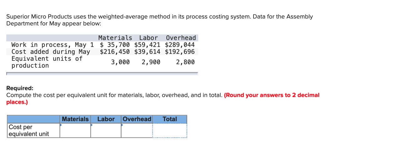 costing system. The following data are available for one department for October: