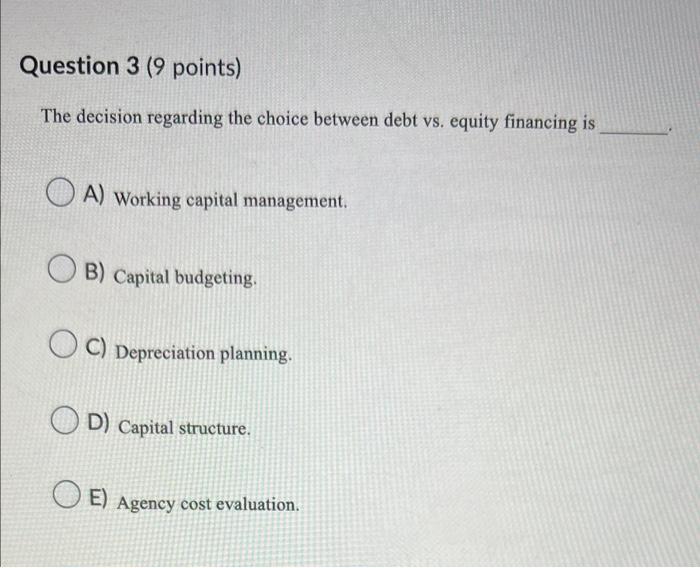  The decision regarding the choice between debt vs. equity financing is
