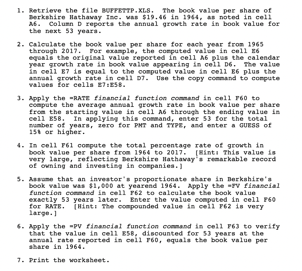  1. Retrieve the file BUFFETTP. XLS. The book value per share